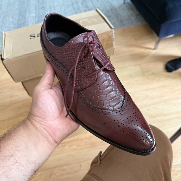 Santimon Men's US 7 - 11 Red Derby Crocodile Pattern Pointed Toe Brogue Shoes - Picture 6 of 12